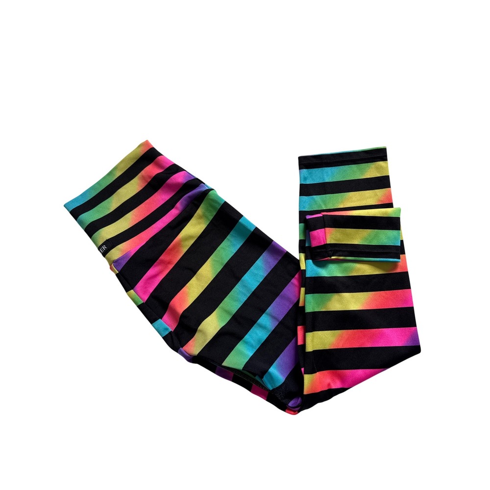 K-DEER Womens High Waisted Capri Leggings Rainbow Ombre Stripe Black Large